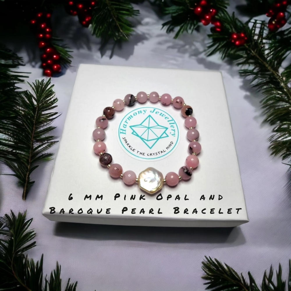 6 mm Pink Opal with Baroque Pearl Bracelet
